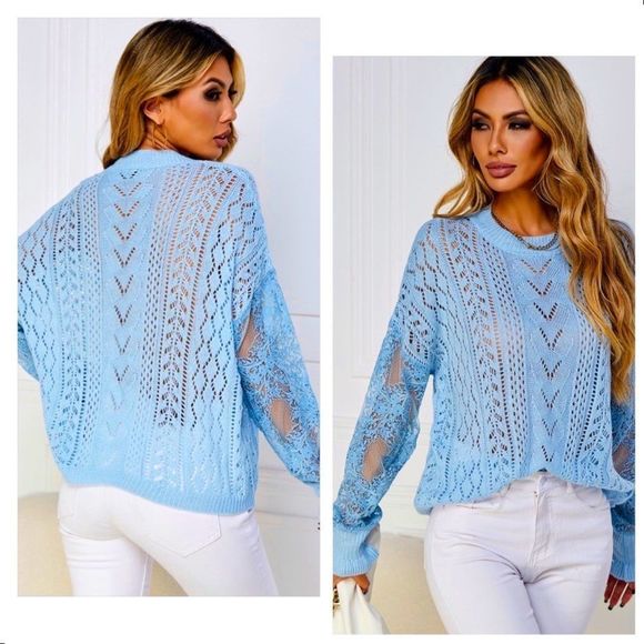 HP!! 💜💜 NWT! CONTRAST LACE POINTELLE KNIT DROP SHOULDER SWEATER IN BABY BLUE! - Picture 8 of 11